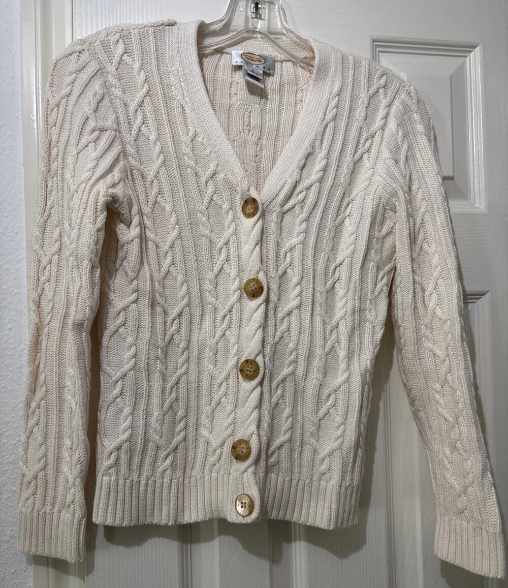Vintage Talbots Petites Ivory Cable Knit Cardigan Sweater Size P/XS Tortoise